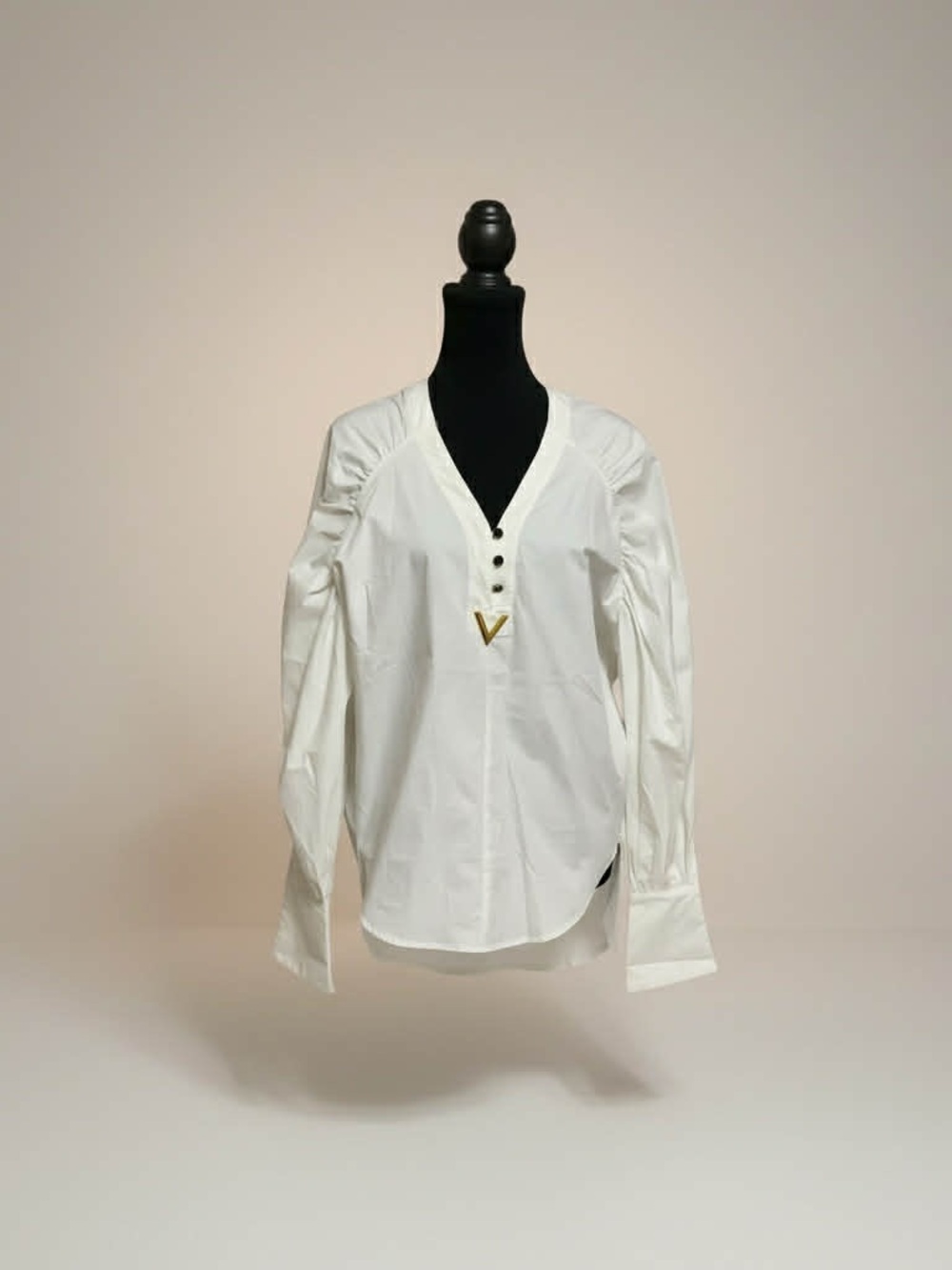 White V-Neck Long-Sleeve Blouse with Gold Accent